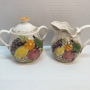 Made in Japan Vintage Creamer and Sugar Bowl with Embossed Fruit and Flower